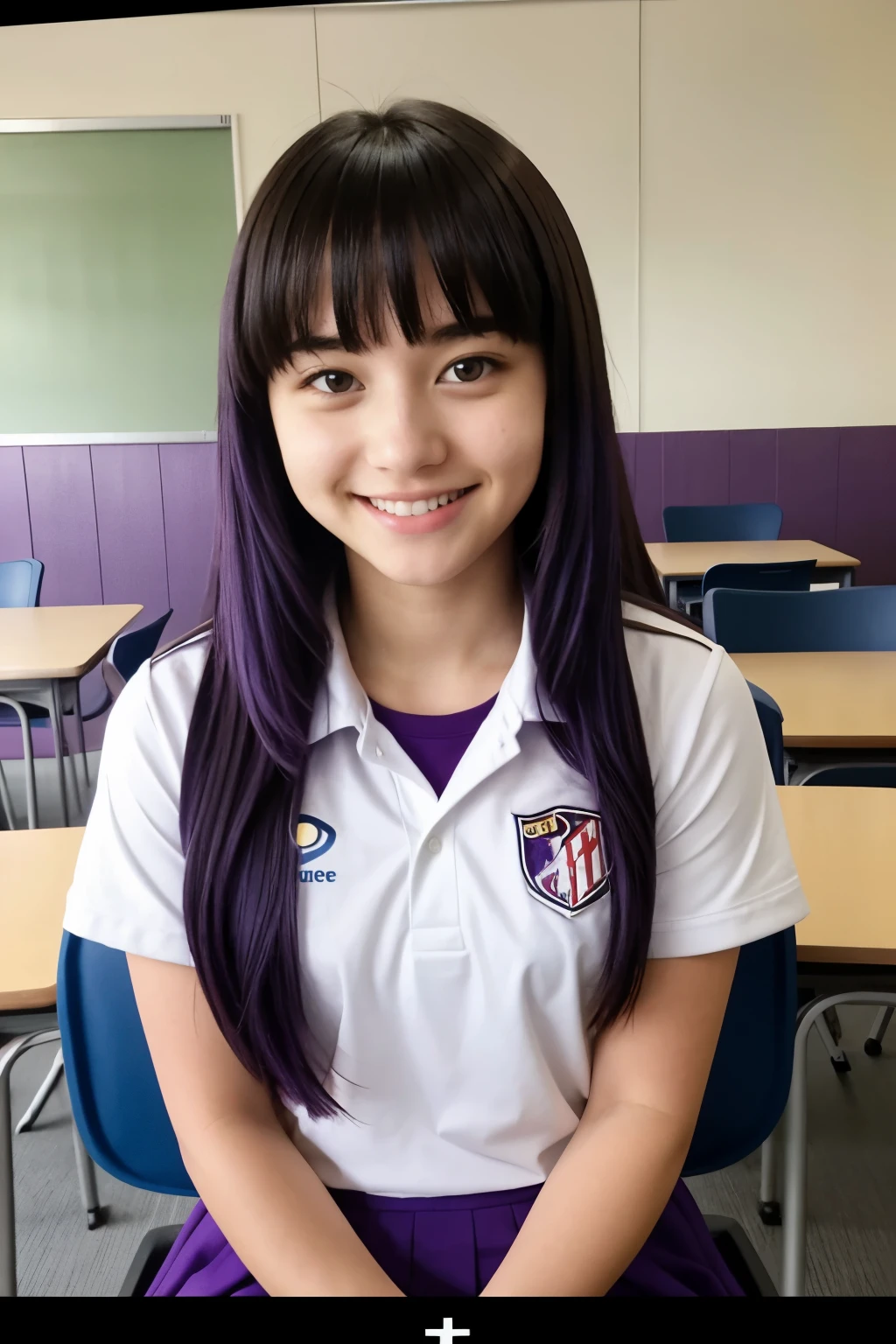 Screenshot of my hero academia.
A 17-year-old girl with slightly strong purple straight hair with bangs,purple eyes,a serious expression but with a cheerful personality with the ua uniform sitting in a chair and in the background class 1A having a normal day
