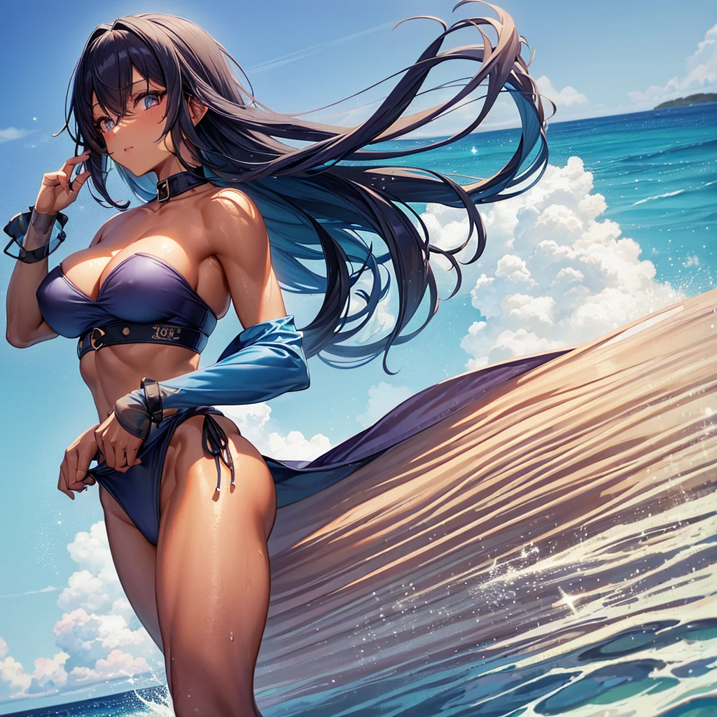 1_girl, solo, av idol, 32-years-old dark tan skin with long blue hair and eyes Wearing a Strapless Swimsuits, beach pier background,