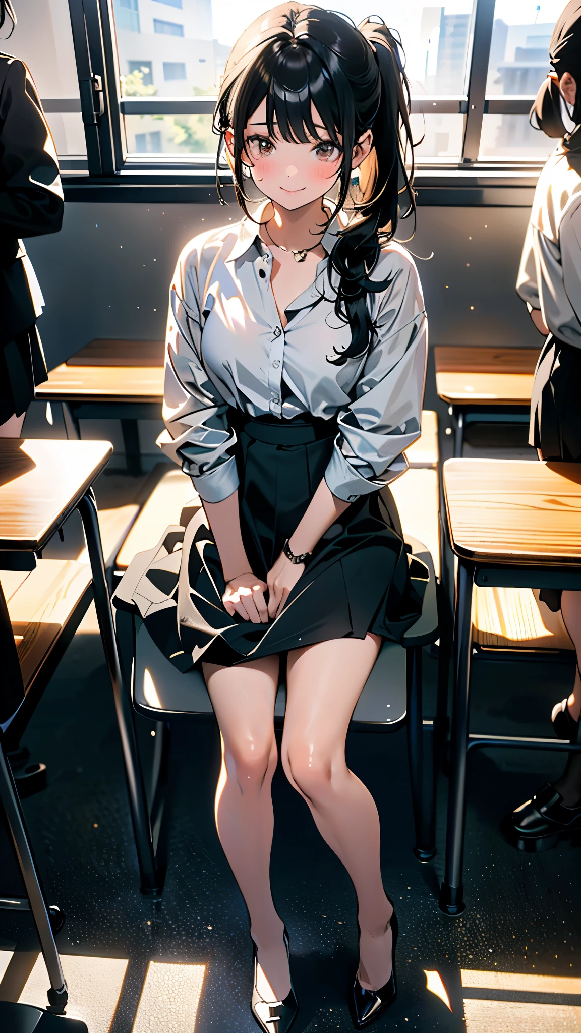 (8k, RAW Photos, 最high quality, masterpiece:1.2), high qualityのRAWカラー写真, Professional photo shoot, Cinematic Light, alone, (((young woman, Gal))), (Sharp features), (Small face), (Skin with attention to detail:1.2), clavicle, Cute Face, Beautiful appearance, Long eyelashes,Embarrassed, (Black Hair, ponytail), ((School teacher)), Black heels,,Embarrassed, Artistic painting,Attractive thighs, (Very nice touch:1.2),A shy smile), Peaceful atmosphere, Oil painting style, Bright colors, (Are standing:1.5, In a school classroom, Full body portrait), Smooth texture, Gazing Eyes, Beautiful Skin, Glowing Skin, ((Perfect Fingers, Five Fingers, Anatomically correct)), Background Blur, high quality, Surreal, ((Very detailed, photo shoot)),Many people々、blush、Plump、((Business shirts))、School classroom、((Tight mini skirt))、Full Body Shot、Black Pantyhose、Surrounded by students at school、((Office Lady))、Grab the skirt、mini pencil skirt、blushしてうつむく、Plump