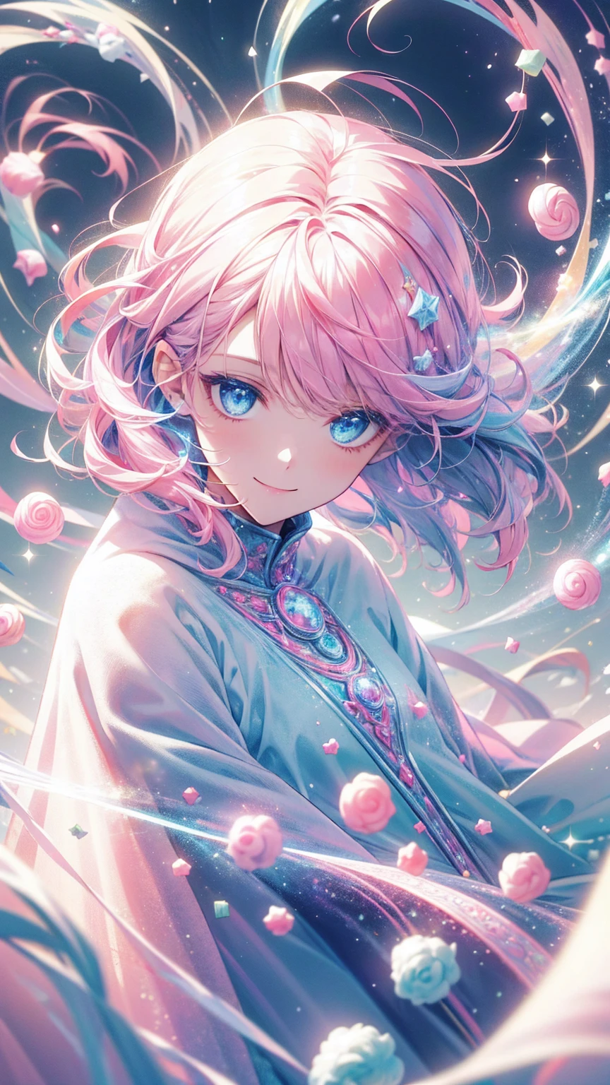 Solitary,woman, masterpiece, high resolution, short hair, candy, Soft colors, Pink long hair, blue eyes, White cape, magic, Smiling face, cotton