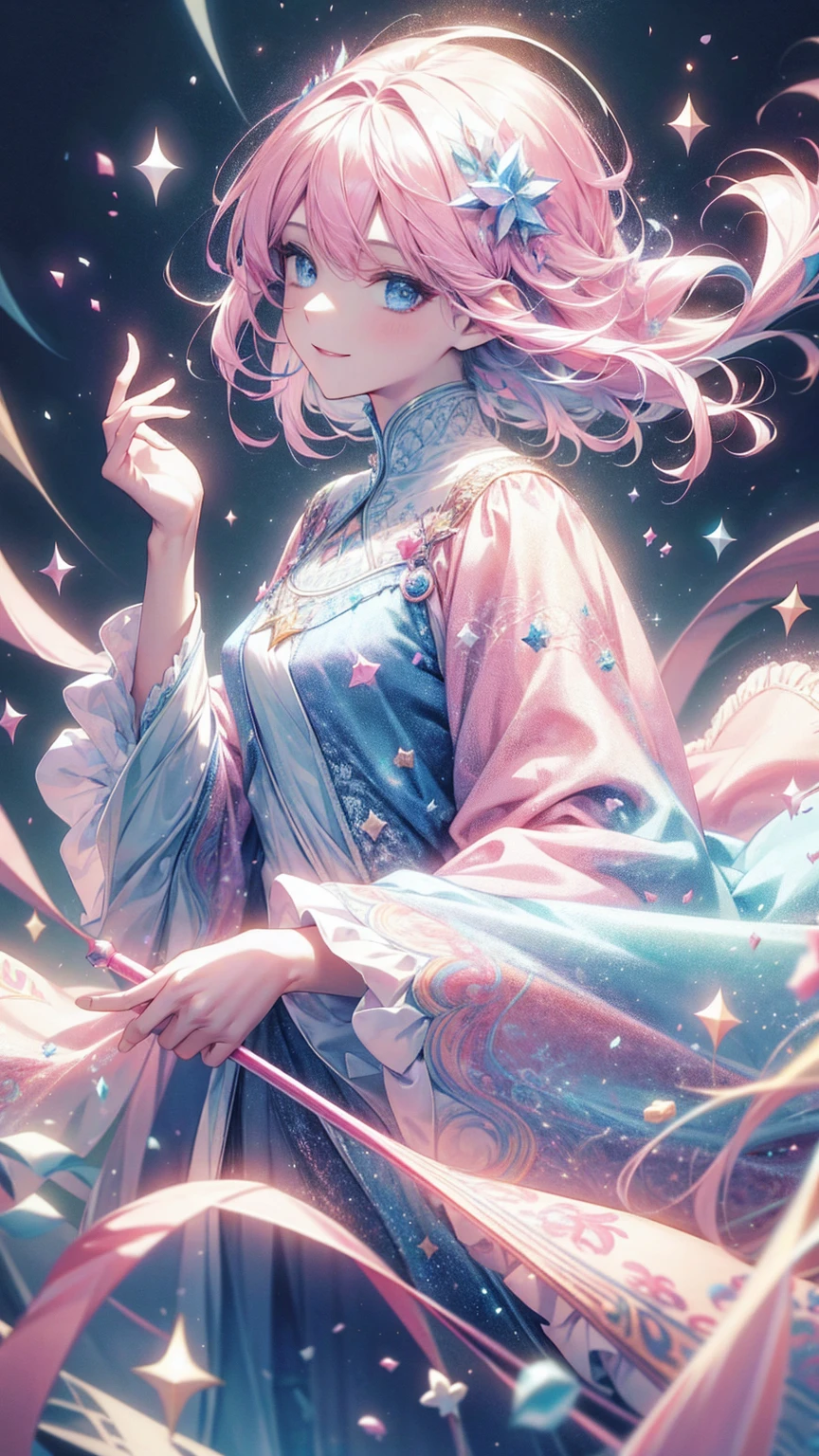 Solitary,woman, masterpiece, high resolution, short hair, candy, Soft colors, Pink long hair, blue eyes, White cape, magic, Smiling face, cotton