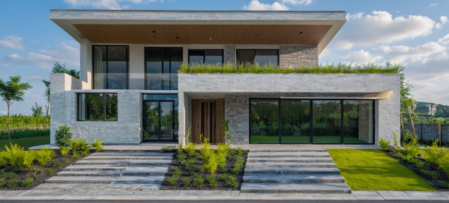 Masterpiece, high quality, best quality, 3d rendering, super detailed, outdoor, two-story villa, aiaigroup, modern house style on the street, stairs, white wall, accent wall Gray stone cladding on the left, road, sidewalk, grass, trees, sky, clouds, (daylight: 1.1)
