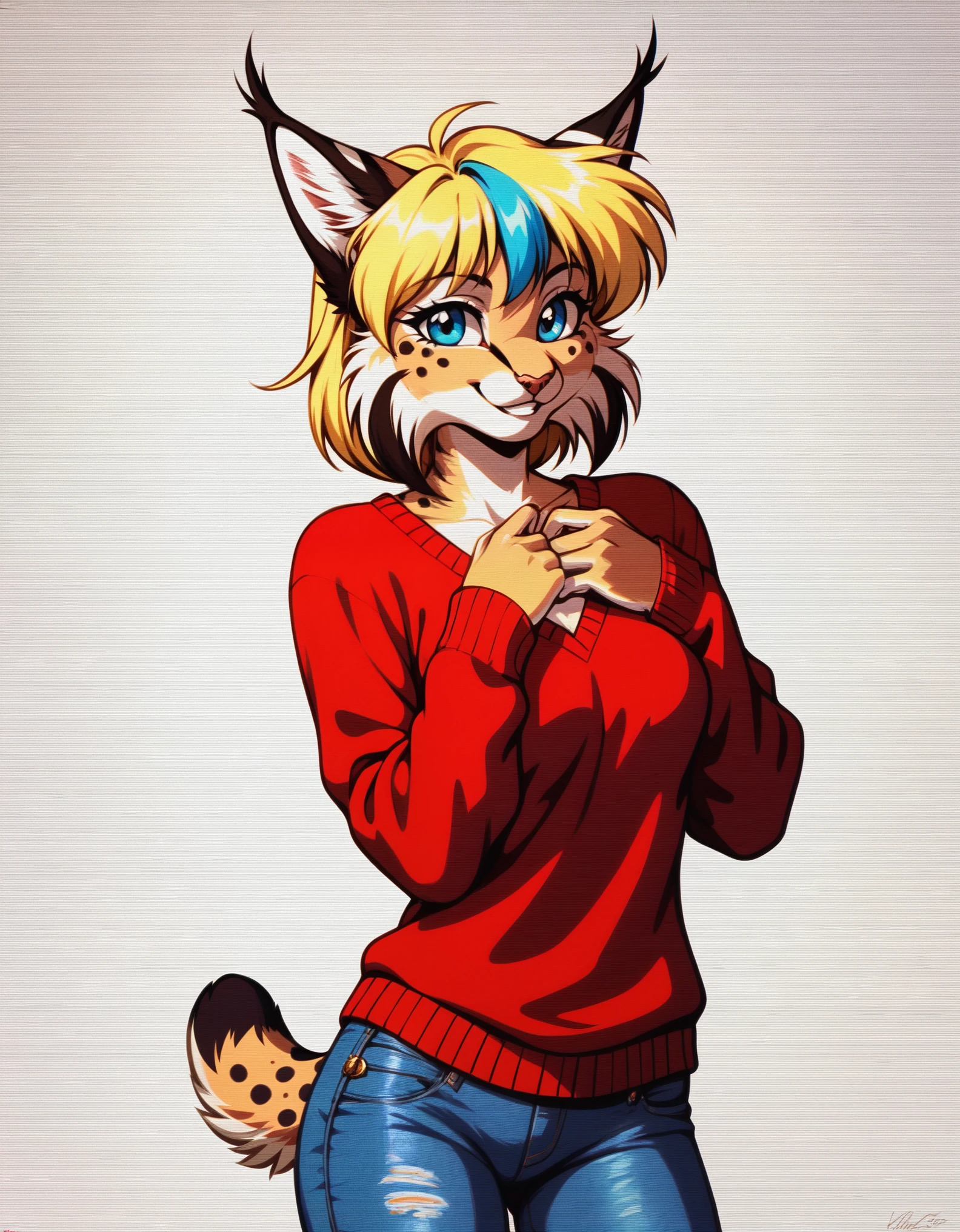 score_9, score_8_up, score_7_up, score_6_up, rating_safe, beautiful, anthro, furry, feline, female, detailed textured fur, fur tufts, fluffy, slim, slender, cute, sweater, baggy denim jeans, beautiful blue eyes, detailed eyes, smile, solo, SFW, lynx, long blonde hair, multicolored hair, streaked hair, absurdres, highres, retro anime, 1990, scanlines,