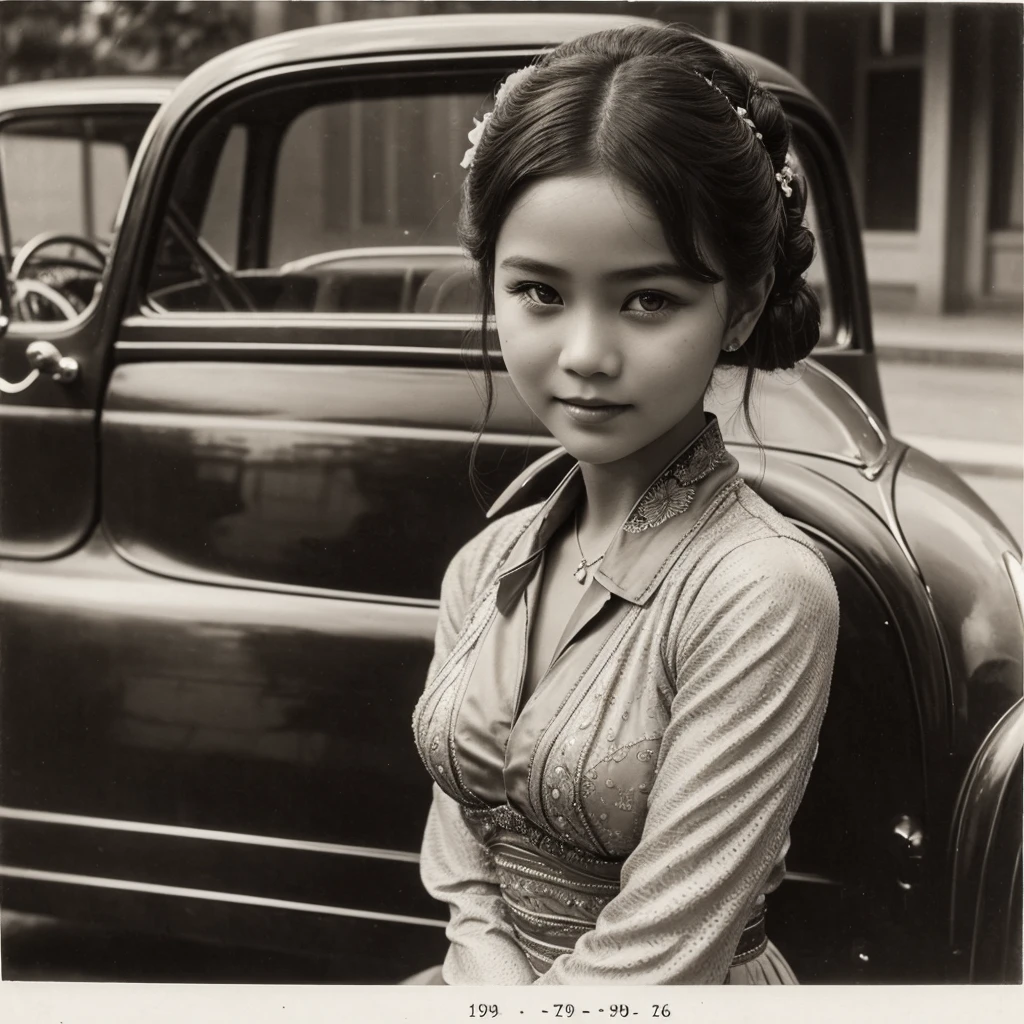 Arafed photo of a young Indonesian girl wearing a kebaya inspired by RA Kartini, kebaya photo, old sepia photography, beautiful young girl, vintage photography, kebaya photo. graceful and charming pose next to a limousine. number plate with text 'Aryy Dewix' antique photo of beautiful young girl cute young girl 18 years young young retro photo black and white 1910, vintage photography, antique photo, old photography, hair in a bun or bun, cute face,
