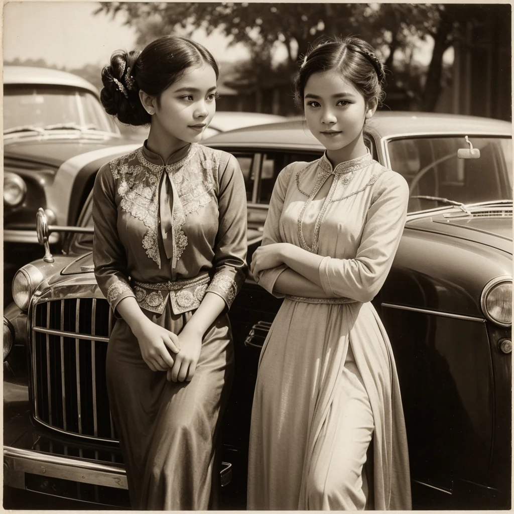 Arafed photo of a young Indonesian girl wearing a kebaya inspired by RA Kartini, kebaya photo, old sepia photography, beautiful young girl, vintage photography, kebaya photo. graceful and charming pose next to a limousine. number plate with text 'Aryy Dewix' antique photo of beautiful young girl cute young girl 18 years young young retro photo black and white 1910, vintage photography, antique photo, old photography, hair in a bun or bun, cute face,