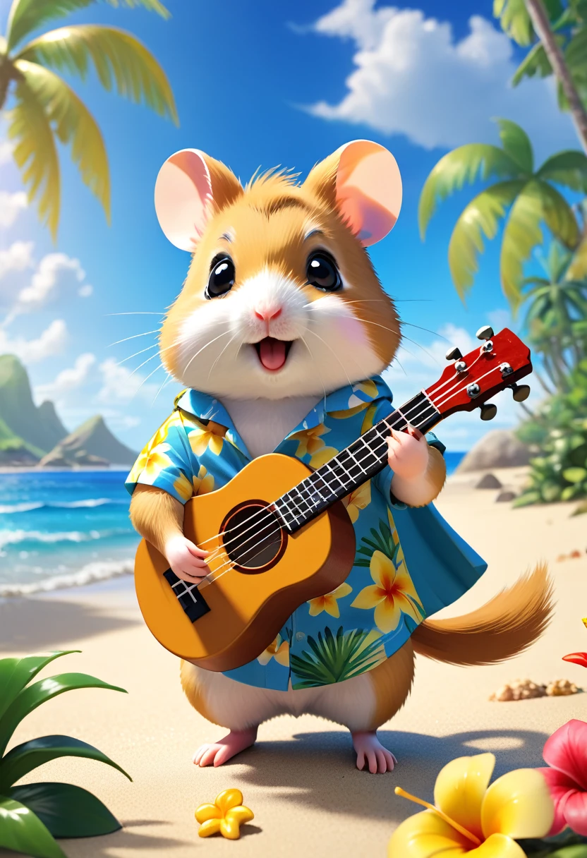 Esbian all over body、Cool hamster、Pop hamster、Diorama、Simple Background、Aloha Shirt、Playing a small ukulele、tropical、Beach Background、Cape、Best Quality, Capture the cutest moments, Depth of written boundary, Super detailed, Ultra-high resolution, Octadale, 8k, 16km race