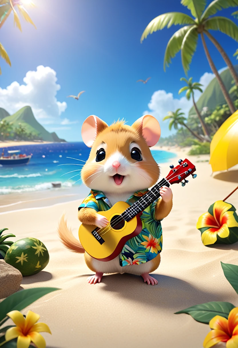 Esbian all over body、Cool hamster、Pop hamster、Diorama、Simple Background、Aloha Shirt、Playing a small ukulele、tropical、Beach Background、Cape、Best Quality, Capture the cutest moments, Depth of written boundary, Super detailed, Ultra-high resolution, Octadale, 8k, 16km race