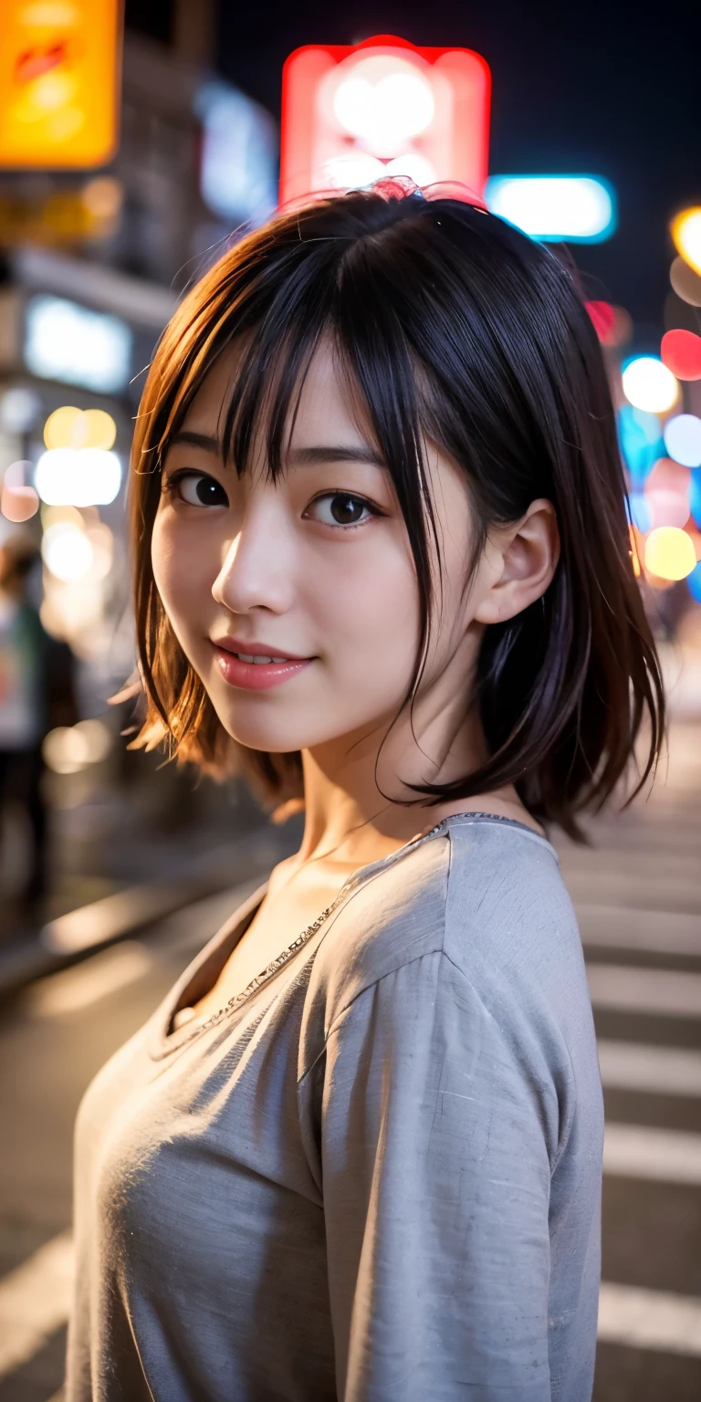 1 girl, Tokyo Street,night, Streetscape,City lights,Upper Body,close,smile,, (8k, RAW Photos, Highest quality, masterpiece:1.2),(Realistic, photo-Realistic:1.37),