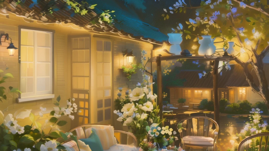 painting of a patio with a table and chairs and a table with flowers, serene evening atmosphere, summer afternoon, cottagecore!!, idyllic cottage, evening ambience, soothing and cozy landscape, cozy and peaceful atmosphere, cosy enchanted scene, thomas kinkade. cute cozy room, cozy home background, summer setting, detailed painting 4 k, by Li Keran