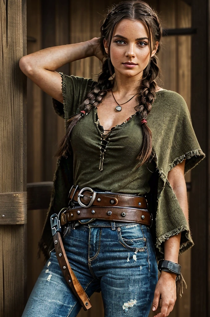 ((Female, 27 years old, red dead redemption aura, 1800s outlaw, dark green eyes, dark brown hair in messy braid, wearing dark poncho and tattered jeans, gun belt, knife strapped to leg, rifle strapped to back, dirty skin, back to viewer, head turned to look at viewer, slightly frown, cupid lips, roman nose, intimidating look, excellent quality, detailed face, detailed clothing, detailed body))