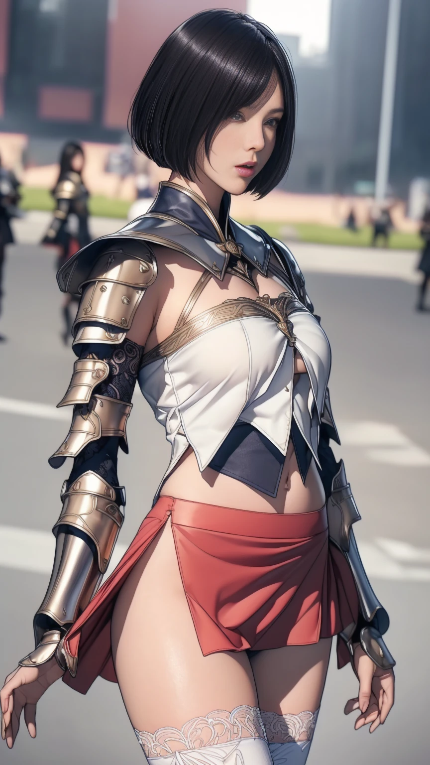 Very beautiful woman、Slender women、(Detailed face)、Realistic Skin、((Holy Knight)), ((Gold and navy platinum armor))、((((Extremely detailed and intricately decorated armor:1.1))))、((Delicate photo)),{{{{{Song Joo A:1.9}}}}}, RAW Photo Details:1.25), (Highest quality:1.6), (Ultra-high resolution:1.5), (Realistic:1.75), 8k resolution, Canon EOS R5, 50mm, Absurd, Very detailed,Cinema Lighting,((Fightfield))、((Fight))、(((White lace tiny mini skirt)))、Polka dot panties,High leg panties:1.2,Thigh-high socks、Shingard、((Black Hair)), {Floating Hair} ,short hair, bob cut, one length,Cape、(((Has a huge weapon)))、(In combat)、The wind is blowing、((Symmetrical armor))、(((Lead a large group of knights:1.2)))、banner、(((Battle Scenes)))、((Browsing Caution:1.2))、(((I can see her panties:1.4)))、、((The hem of a skirt fluttering in the wind:1.4)),In a park with a fountain:1.9,