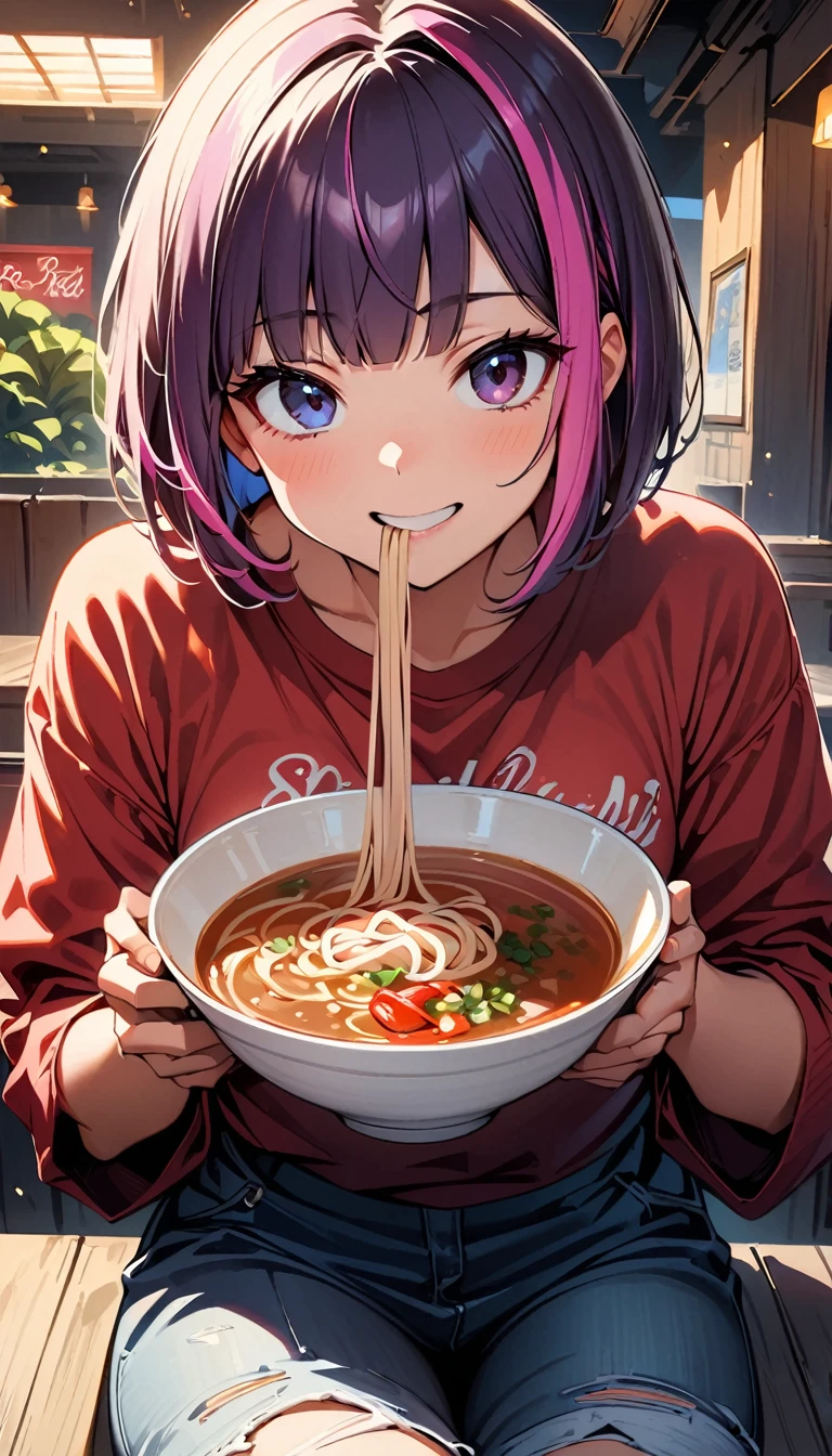 (highest quality:1.2, Very detailed, up to date, Vibrant, Ultra-high resolution, High Contrast, masterpiece:1.2, highest quality, Best aesthetics), Portraiture、girl、solo, (25-years-old:1.5), slim, , ((eat red hot noodle soup:1.6)), holding chopsticks, (sit in chinese restaurant), heterrochromia, green eye, red eye, Bright colors、Beautiful fine details、Beautiful lip detail、extra short hair, ((bob cut:1.5))、pink and purple ((streaked hair:1.9)), (highlights hair: 1.6), (small breast:1), (tan skin:0.7), red t-shirts, jeans, smile,((cowboy shot:1))