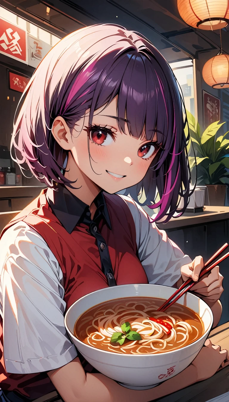(highest quality:1.2, Very detailed, up to date, Vibrant, Ultra-high resolution, High Contrast, masterpiece:1.2, highest quality, Best aesthetics), Portraiture、girl、solo, (25-years-old:1.5), slim, , ((eat red hot noodle soup:1.6)), holding chopsticks, (sit in chinese restaurant), heterrochromia, green eye, red eye, Bright colors、Beautiful fine details、Beautiful lip detail、extra short hair, ((bob cut:1.5))、pink and purple ((streaked hair:1.9)), (highlights hair: 1.6), (small breast:1), (tan skin:0.7), red t-shirts, jeans, smile,((cowboy shot:1))