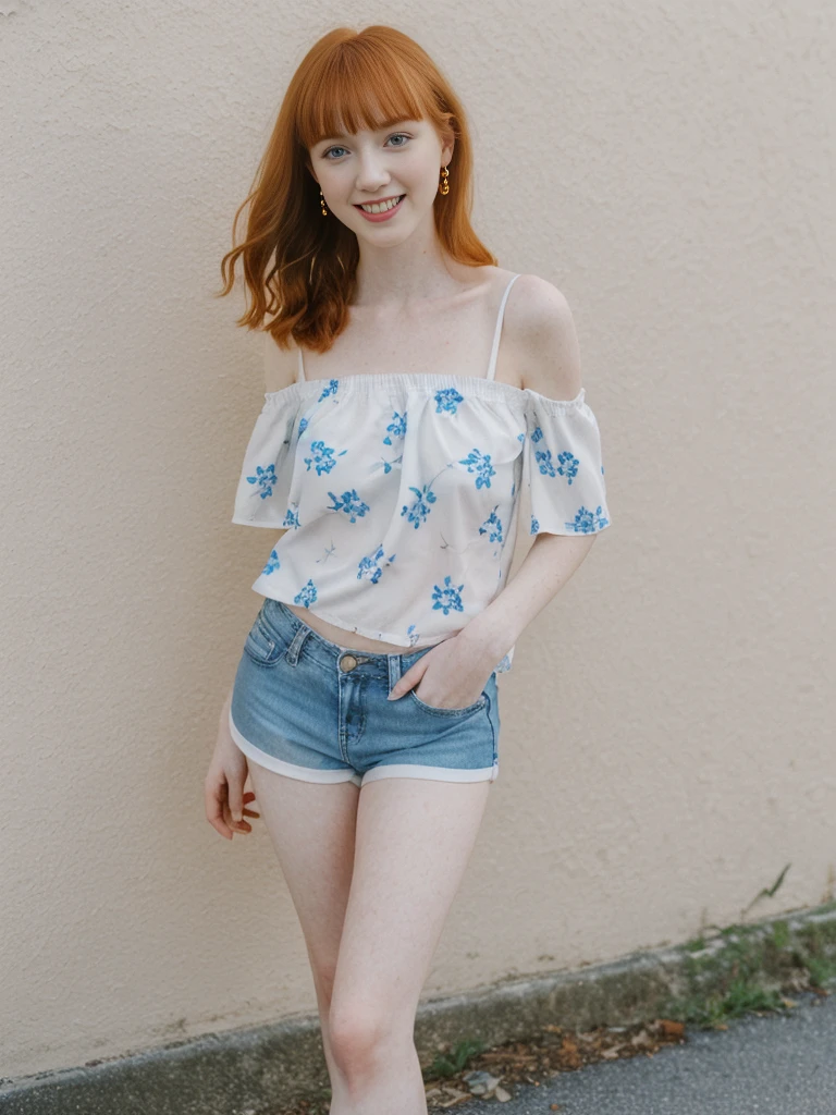 her name is Anna Maria Schmidt, high quality, ((white pale skin)), 1girl, ((20-year-old fit Caucasian woman)), ((20 years old)), ((fit)), ((ginger hair with bangs)), pose: standing, wearing stylish (((light-blue printed off shoulder and shorts))), BACKGROUND: scenic byways, ugly smiling, standing, loose waves