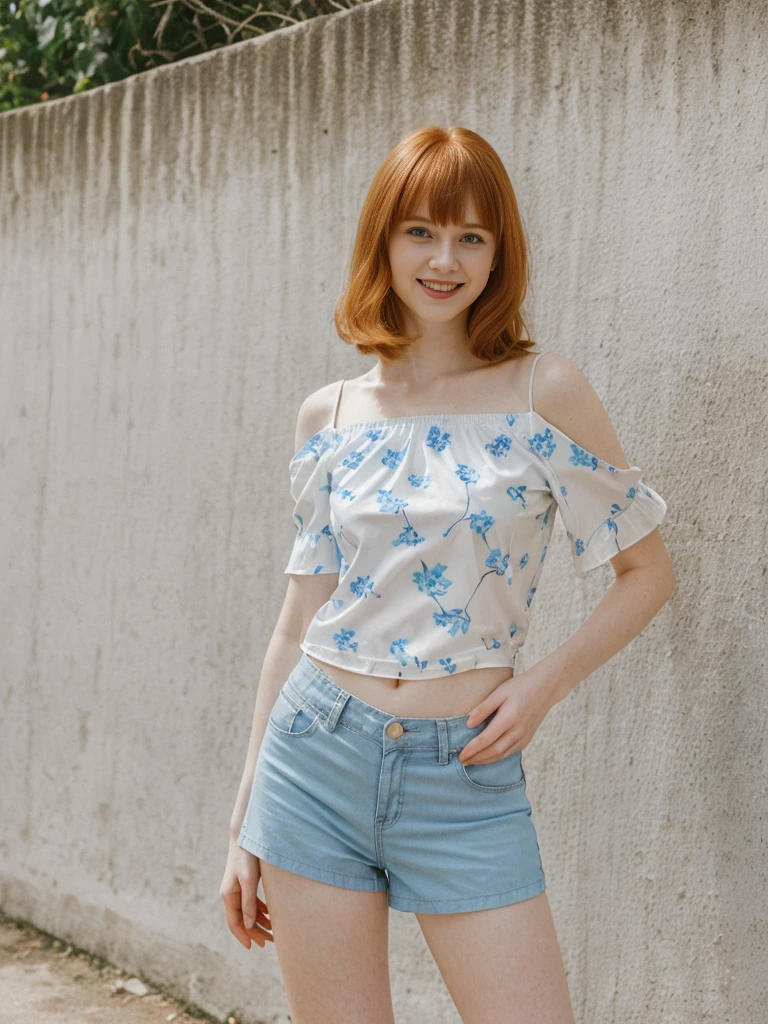her name is Anna Maria Schmidt, high quality, ((white pale skin)), 1girl, ((20-year-old fit Caucasian woman)), ((20 years old)), ((fit)), ((ginger hair with bangs)), pose: standing, wearing stylish (((light-blue printed off shoulder and shorts))), BACKGROUND: scenic byways, ugly smiling, standing, loose waves