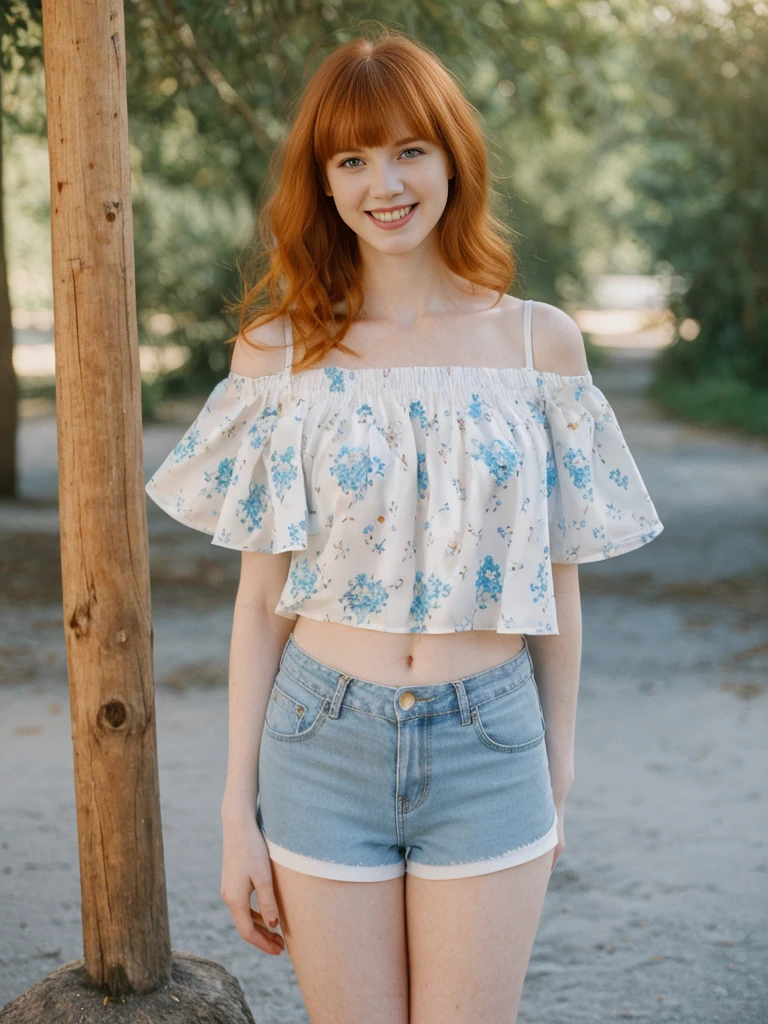 her name is Anna Maria Schmidt, high quality, ((white pale skin)), 1girl, ((20-year-old fit Caucasian woman)), ((20 years old)), ((fit)), ((ginger hair with bangs)), pose: standing, wearing stylish (((light-blue printed off shoulder and shorts))), BACKGROUND: scenic byways, ugly smiling, standing, loose waves