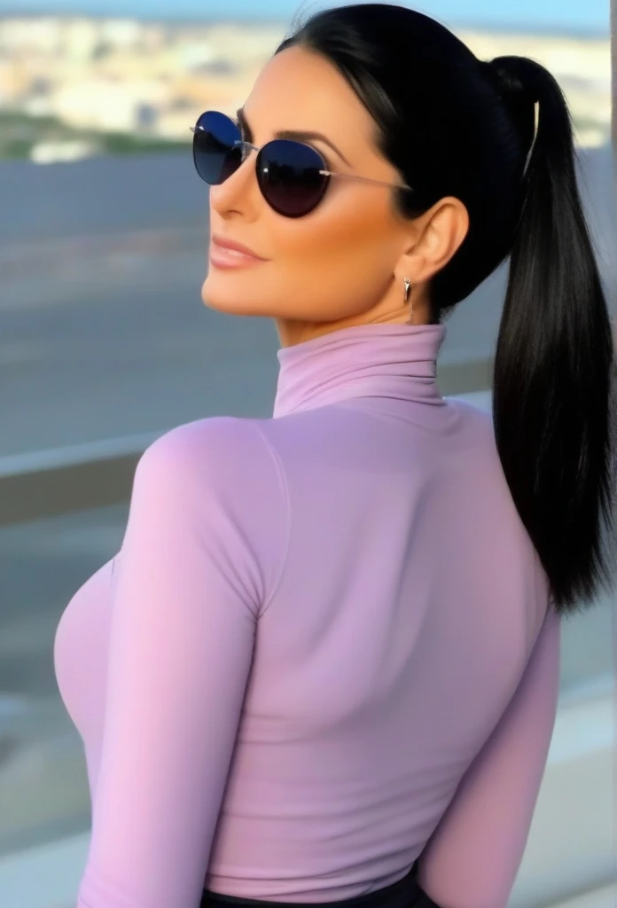 Hot sexy beautiful milf mom , hoops earrings,black hair,long slick back hair,blush,blue eyes, necklace ,one hair bun, lipstick,  a light purple turtleneck, dark, flowing transparent lobg skirt,black sunglasses on head, protruding ass, waist shot, ass to camera