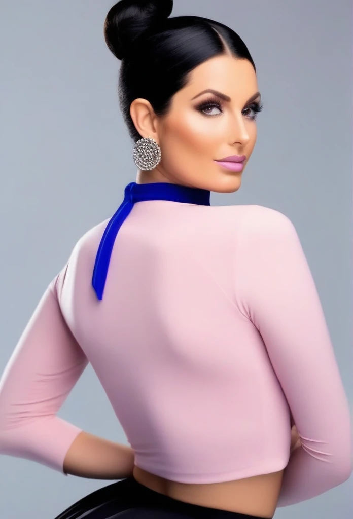 Hot sexy beautiful milf mom , hoops earrings,black hair,long slick back hair,blush,blue eyes, necklace ,one hair bun, lipstick,  a light purple turtleneck, dark, flowing transparent lobg skirt,black sunglasses on head, protruding ass, waist shot, ass to camera