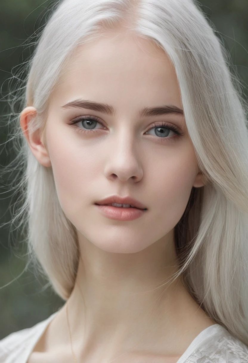 young girl(16 years). straight, White hair. thin, Noble features. Very white skin. grey eyes. thin белые брови. The face is oval. thin, Straight nose. Shoulders are bare.
