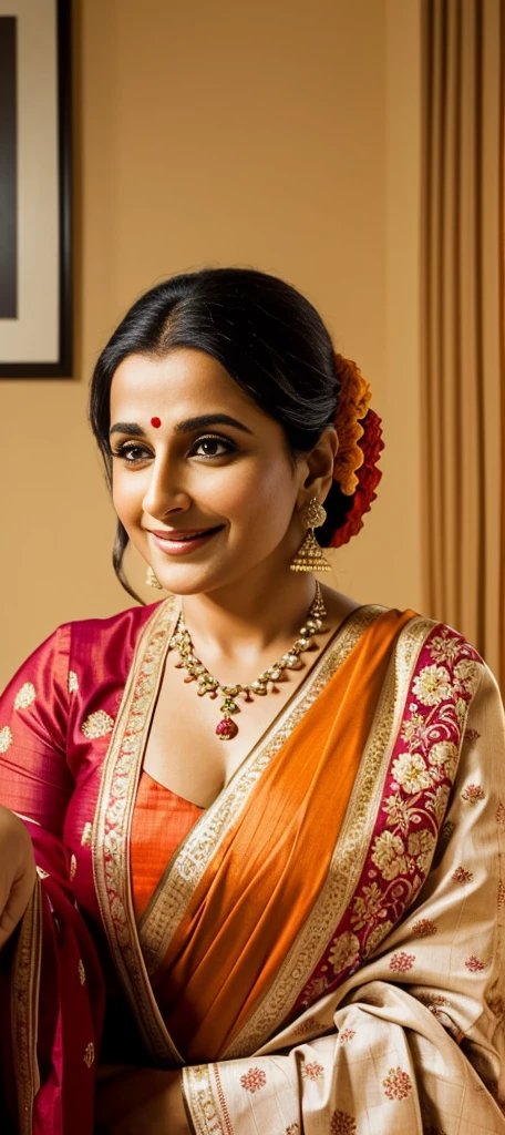 In the image, a aunty Vidya Balan indian is the central figure, exuding a sense of joy and warmth. She is adorned in a vibrant sari, its orange and white floral pattern adding a touch of elegance. The sari is complemented by a pink blouse, enhancing her overall look. The setting is a cozy bedroom, with a bed and a window forming the backdrop. The woman's pose, with her hands on her head, suggests a moment of relaxation or perhaps preparation for an event. The image captures a simple yet beautiful moment in everyday life.