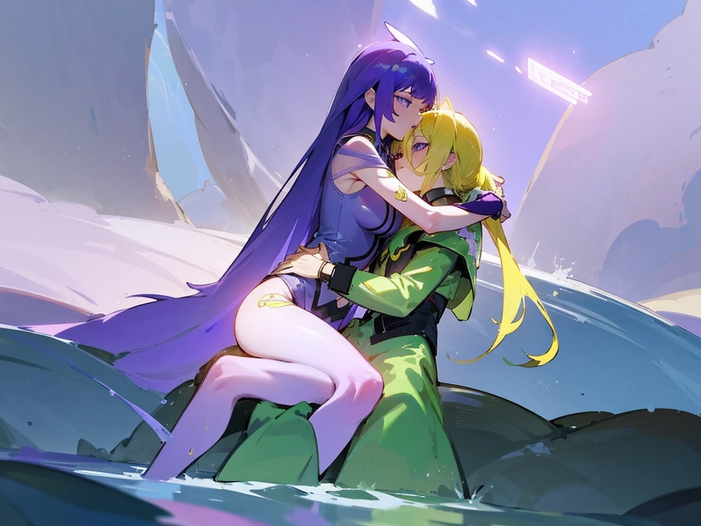 Two girls touching lips，A girl with purple hair，Transparent purple eyes，Another girl with yellow hair，Clear blue eyes，Sit and hug，Look at each other affectionately，Cool，Violet，iris，Sunshine，Surrounded by greenery，Transparent stream flowing，Tyndall effect，Light up the fire，starlight：1.8，Clear shape，Detailed description of appearance：Perfect beautiful clear appearance，Normal human body，Transparent green，suspended congress, vaginale, anal, is ,is focus, is grab, standing, hug, leg lock, breast press,straddling,arms around neck, lifting person