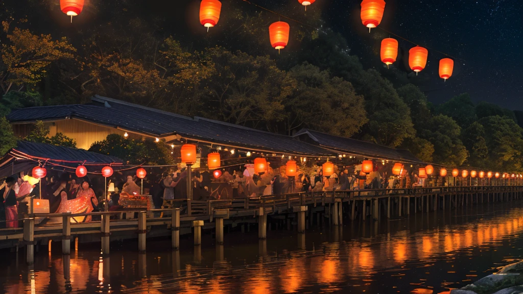 Local summer festival night、A fantastic light illuminates the surroundings、Ultra-high resolution、8k、16K、Japanese Summer Festivals、Return、A few remaining lanterns cast a warm light in the night sky.、Evokes the bittersweet feeling of a late summer night