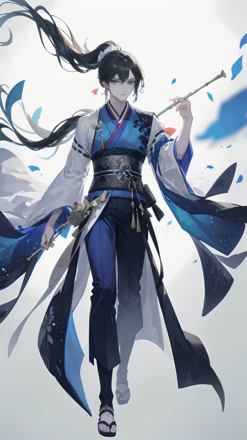 floating，((Flute))，Hair Bunch，High Ponytail，antiquity，Hanfu，White long hair，male，(masterpiece), 独奏,best quality, Full body portrait，full body,(depth of field), beautifully painted, highly detailed, (illustration),White long hair,((young man)),((handsome face)),(White long hair), beautiful detailed eyes, (blue eyes),longeyelashes,
