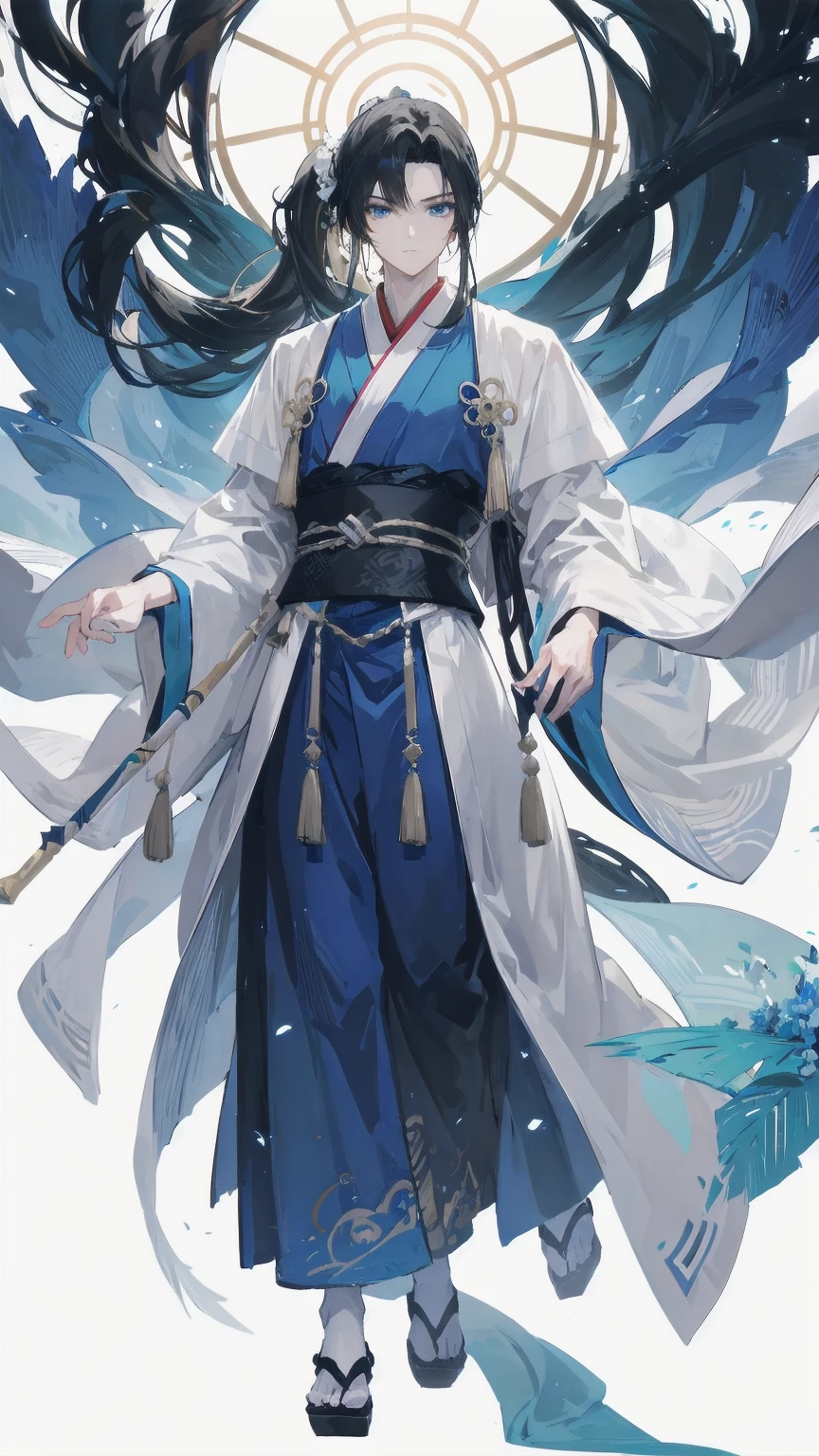 floating,((Flute)),Hair Bunch,High Ponytail,antiquity,Hanfu,White long hair,male,(masterpiece), 独奏,best quality, Full body portrait,full body,(depth of field), beautifully painted, highly detailed, (illustration),White long hair,((young man)),((handsome face)),(White long hair), beautiful detailed eyes, (blue eyes),longeyelashes,