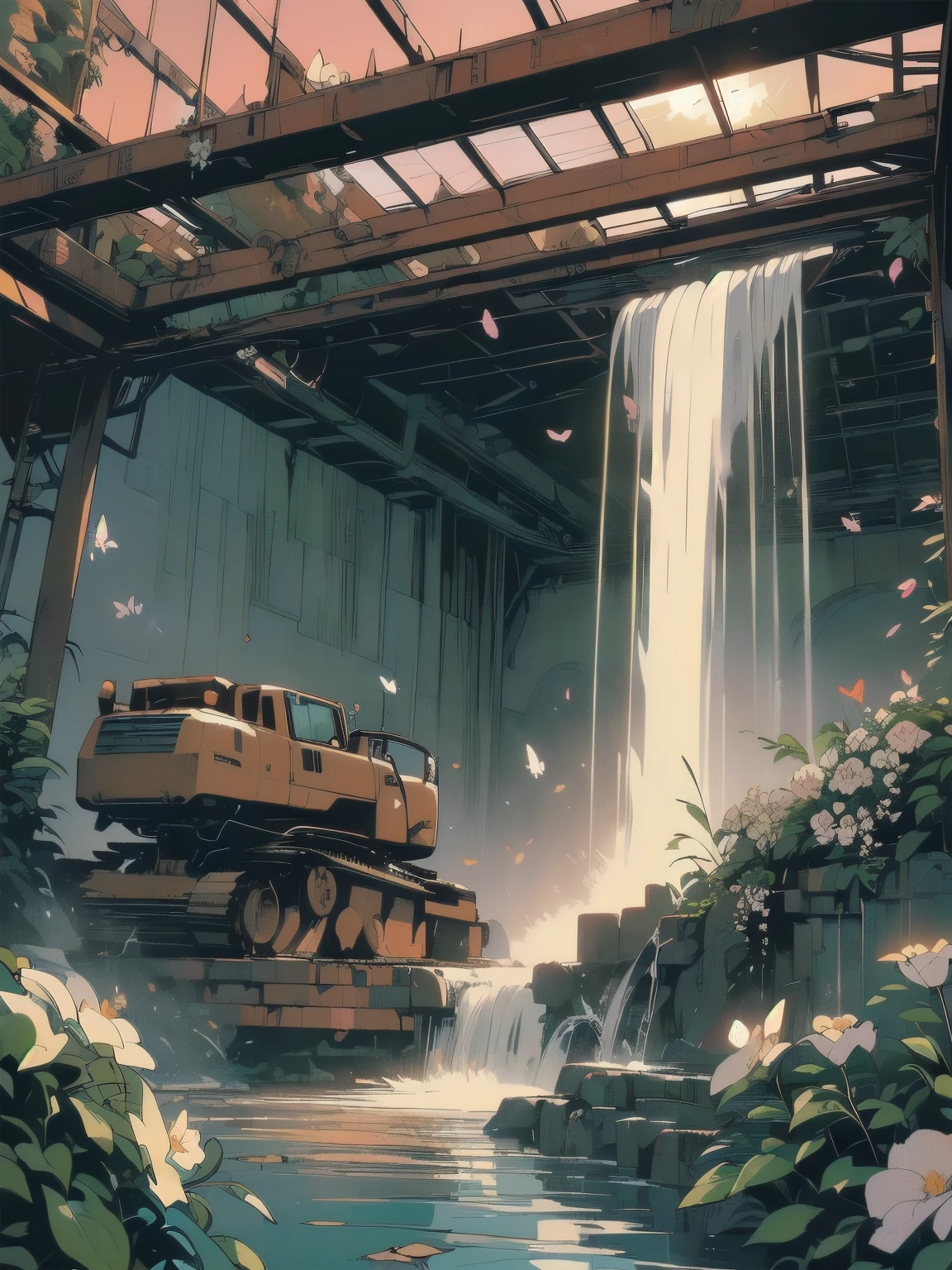 (((masterpiece, highest quality)))、(((32k wallpaper)))、Detailed Machinery、Abandoned Factory、Atrium、(((White Flower Field)))、(((Rusty heavy equipment)))、Gorgeous light leaks、(((Sunset)))、fog、Detailed Background、Highest quality、(((No humans)))、Broken heavy machinery、Complex heavy machinery、Faint lighting、(((Fluttering white petals)))、sunset、(((Dull colors)))、(((Rusty detailed heavy machinery)))、(((Many white flowers fly)))、(((Heavy machinery covered in flowers)))、(((Lots of butterflies)))、(((Abandoned Garage)))、(((Submersion)))、(((waterfall from the ceiling)))、(((Heavy machinery falls over a waterfall))))、(((Red sunset)))、(((Emotional)))、(((Detailed waterfall and water)))