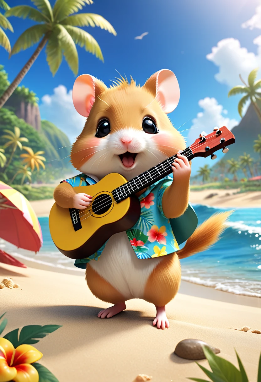 Esbian all over body、Cool hamster、Pop hamster、Diorama、Simple Background、Aloha Shirt、Playing a small ukulele、tropical、Beach Background、Cape、Best Quality, Capture the cutest moments, Depth of written boundary, Super detailed, Ultra-high resolution, Octadale, 8k, 16km race