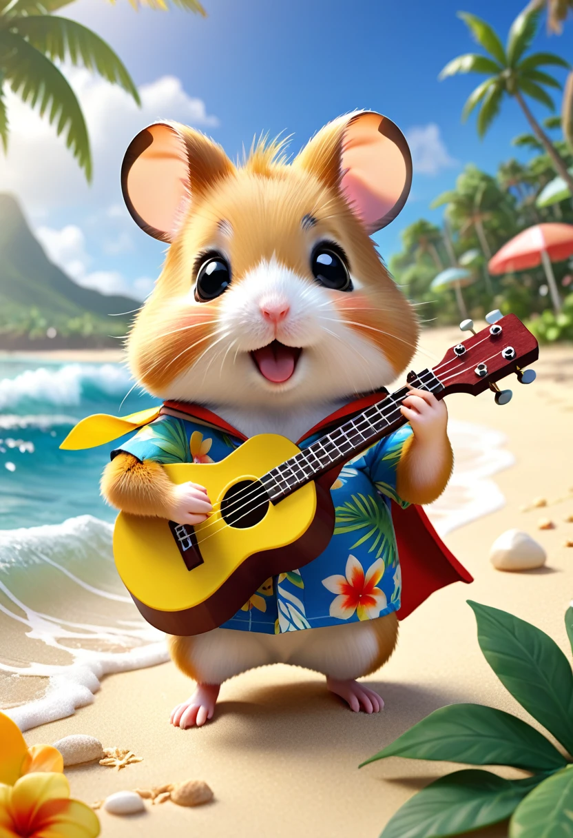 Esbian all over body、Cool hamster、Pop hamster、Diorama、Simple Background、Aloha Shirt、Playing a small ukulele、tropical、Beach Background、Cape、Best Quality, Capture the cutest moments, Depth of written boundary, Super detailed, Ultra-high resolution, Octadale, 8k, 16km race