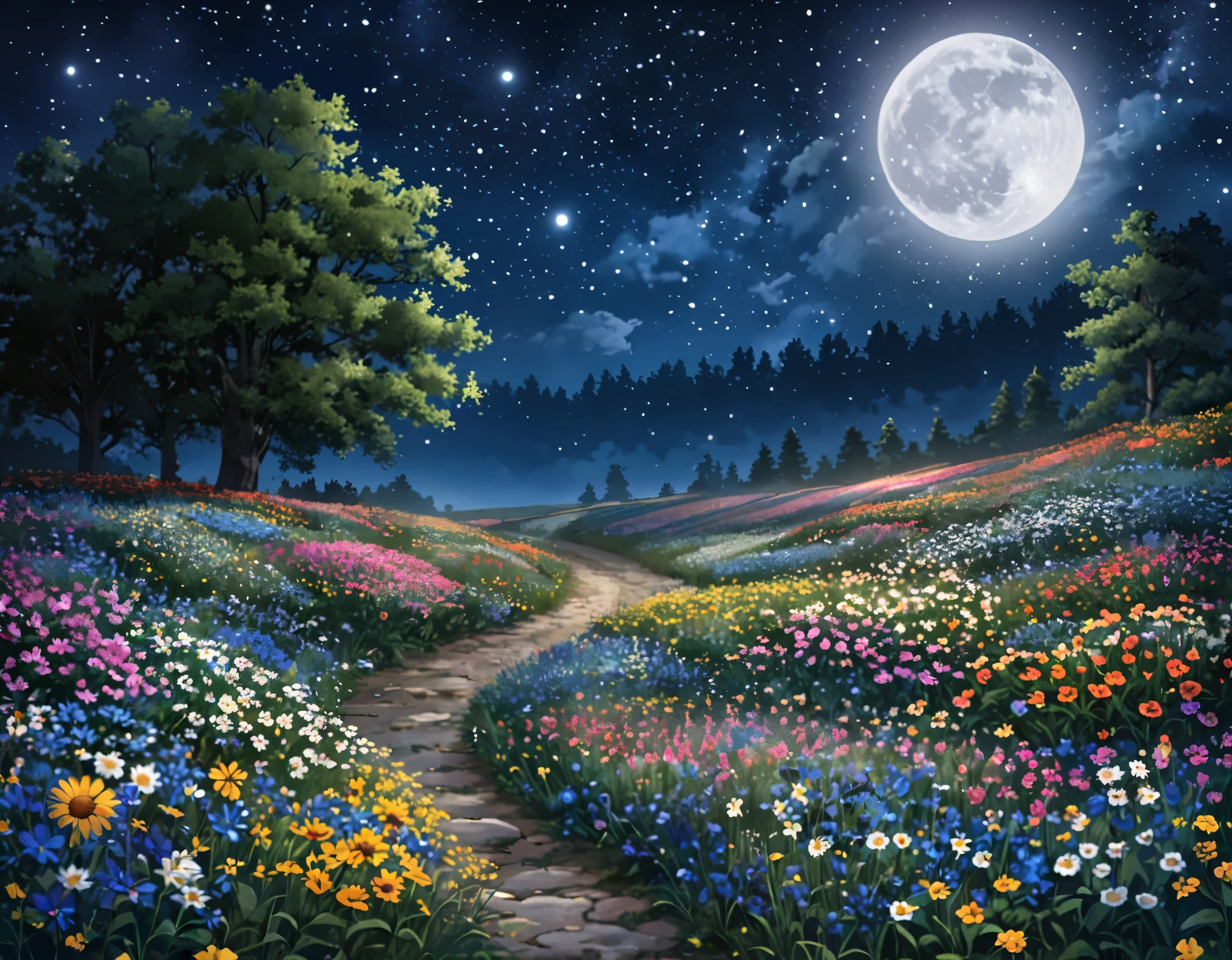 Wildflowers,The night sky is full of flowers,Beautiful as the moon,Moonlight at night,Hippie in the cabin,Hannah Moon,Moonlight,Flower fields at night,Traditional Moon,Moonlight Night