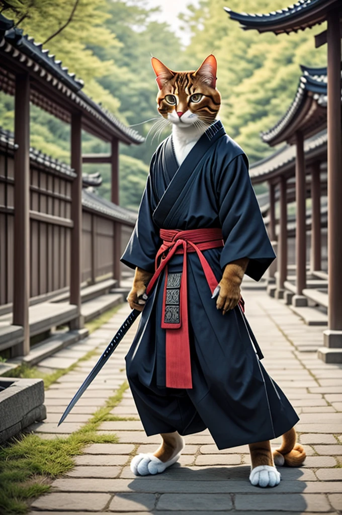 cat, samurai, clothing, katana, outdoors, pants, barefeet