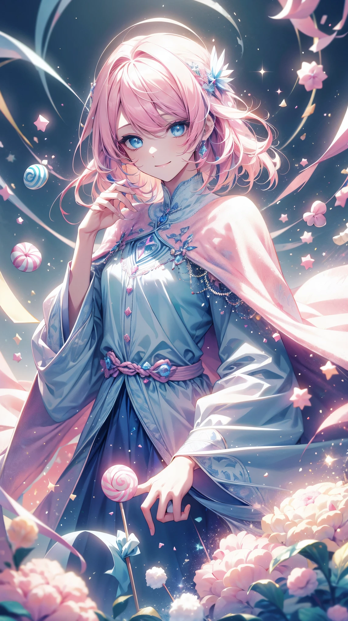 Solitary,woman, masterpiece, high resolution, short hair, candy, Soft colors, Pink long hair, blue eyes, White cape, magic, Smiling face, cotton