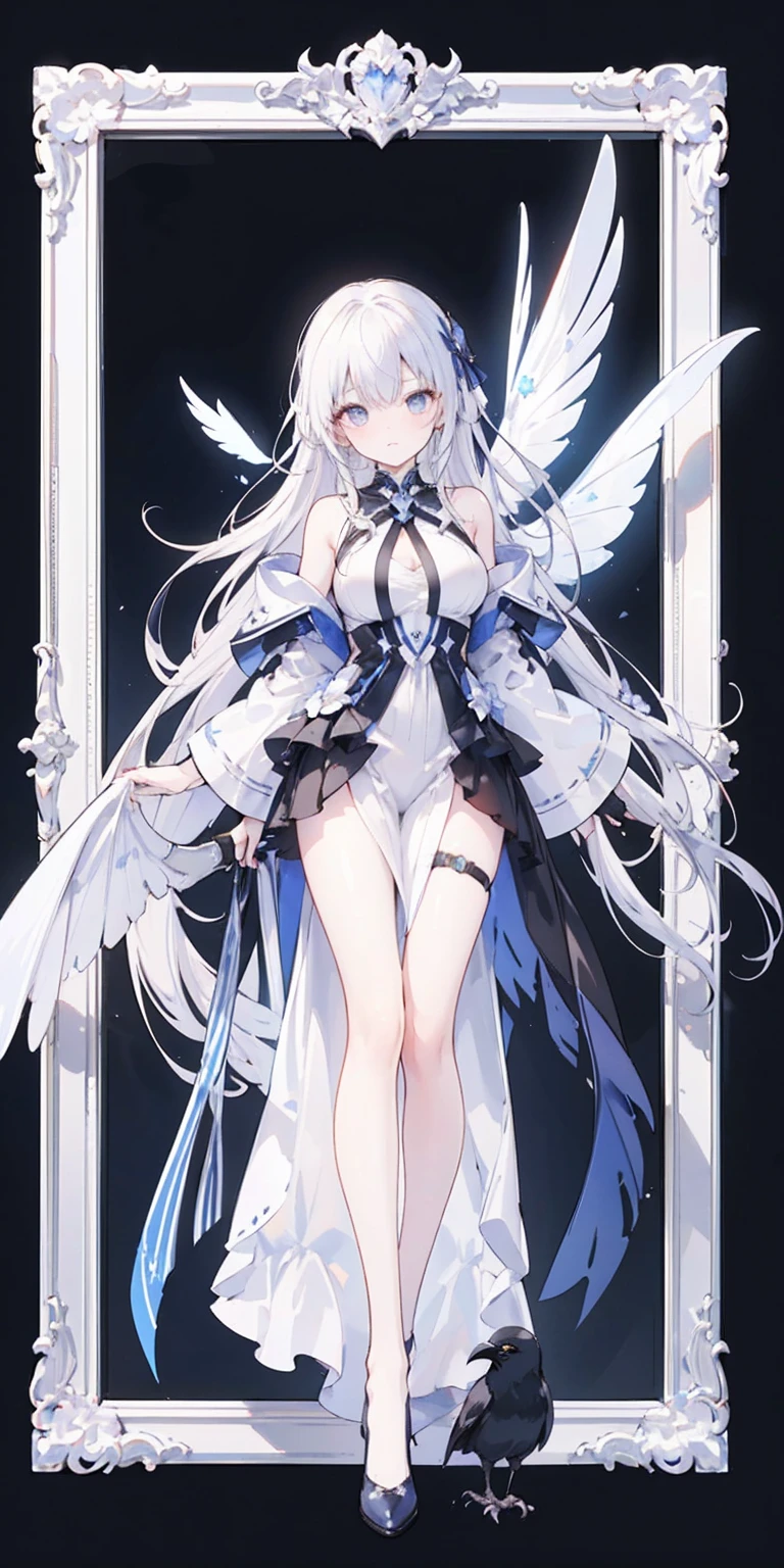 Oil painting frame,Big Perspective,Wide Angle,Impactful graphics,floating,sideways,Character Close-up,4K,masterpiece,best quality,ruins,(Transparent skirt,black background),Clear,master,Various actions,Full body portrait,portrait,1 female, (Mature),Long face,Pointed face,White long hair,Fairy,gemstone crow,Wings Dress, Mecha,Fairy air,ribbon, diamond, Bare shoulders, crow, Looking at the audience, in the sky, fLight, Vibrant colors, Light, masterpiece, best quality, flight,Mature,asymmetrical clothes,HighLights,Long skirt,Own,Personal Photography