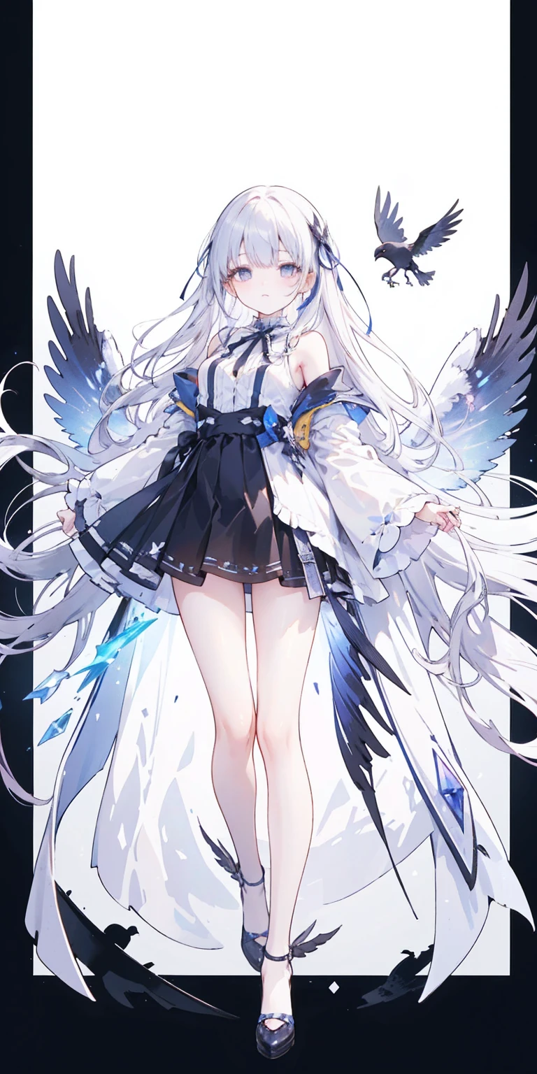 Oil painting frame，Big Perspective，Wide Angle，Impactful graphics，floating，sideways，Character Close-up，4K，masterpiece，best quality，ruins，(Transparent skirt，black background)，Clear，master，Various actions，Full body portrait,portrait,1 female, (Mature)，Long face，Pointed face，White long hair，Fairy，gemstone crow，Wings Dress,  Mecha,Fairy air，ribbon， diamond, Bare shoulders, crow, Looking at the audience, in the sky, fLight, Vibrant colors, Light, masterpiece, best quality, flight，Mature，asymmetrical clothes，HighLights，Long skirt，Own，Personal Photography