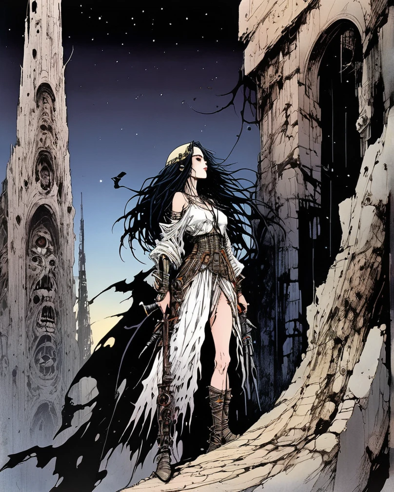 Art style by H. R. Giger, Art style by Luis Royo, Art style by Chris Foss, (Masterpiece, Top Quality, Super Detail, High Resolution, Best Illustration), Virgil Finley, Anton Pieck, George Barbier, Sam Vanni, Edgar Ende, Surrealism, wonder, strange, bizarre, fantasy, Sci-fi, Japanese anime, the burnt out midnight sun, the broken moon that has fallen into blood, the network of rumors that connects ears and mouths, the miniskirt beautiful high school girl, perfect voluminous body, detailed masterpiece