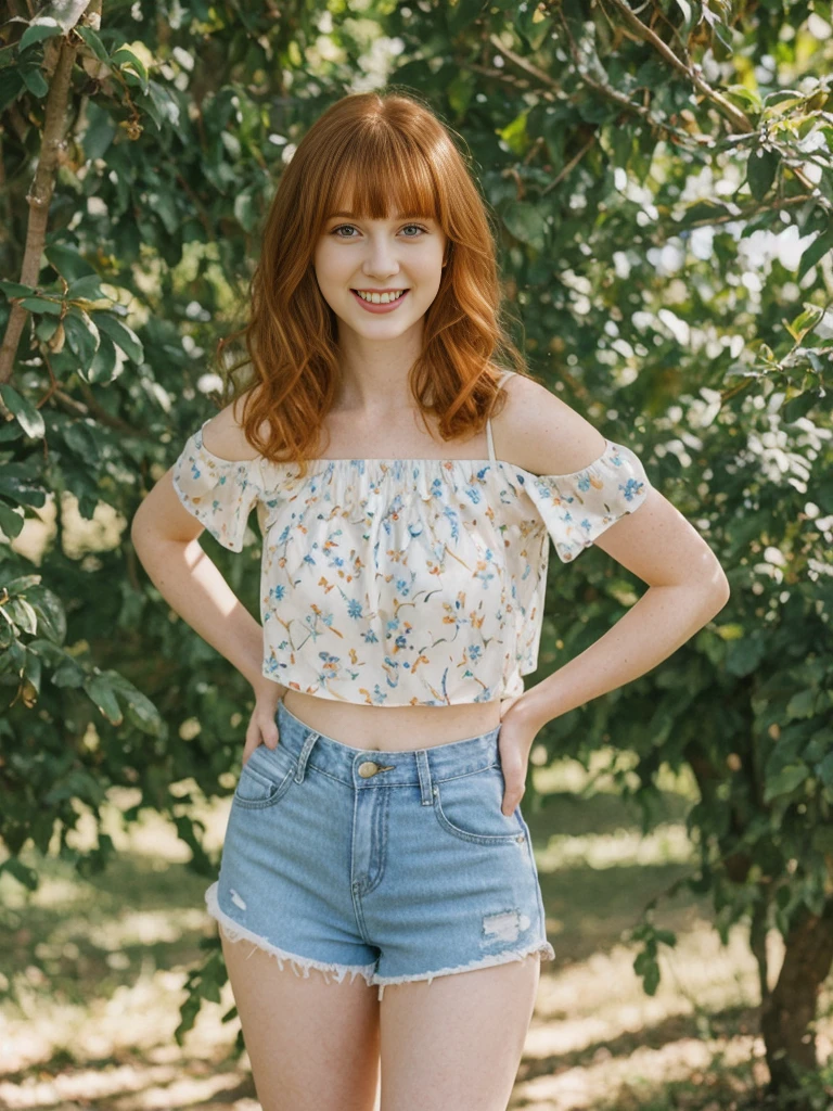 her name is Anna Maria Schmidt, high quality, ((white pale skin)), 1girl, ((20-year-old fit Caucasian woman)), ((20 years old)), ((fit)), ((ginger hair with bangs)), pose: standing, wearing stylish (((light-blue printed off shoulder and shorts))), BACKGROUND: Rows of vines or fruit trees create a lush and organized backgroun, ugly smiling, standing, loose waves