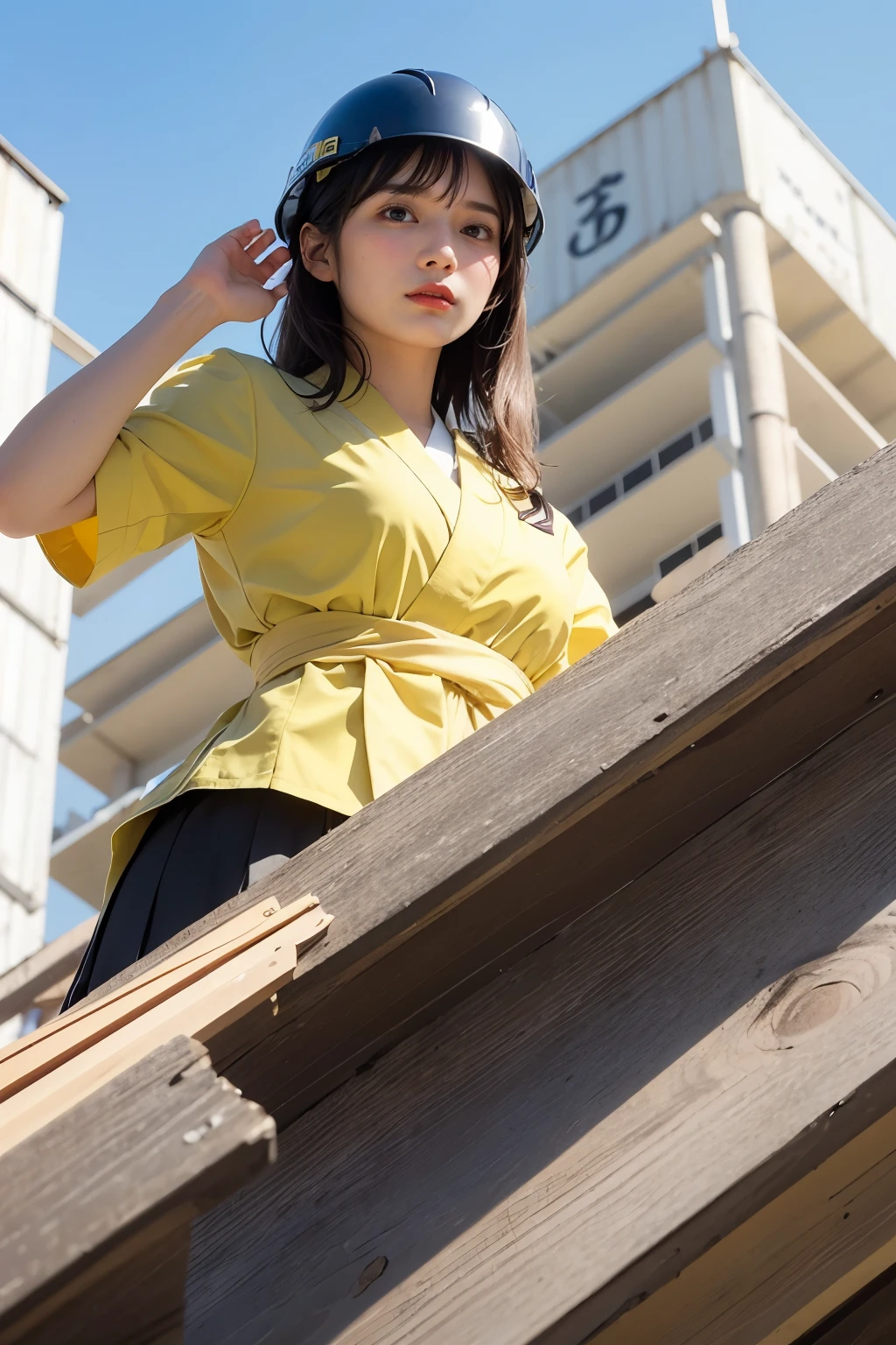 Masterpiece, bokeh, Beautiful (Japanese idle:1.6), (summer school uniform:1.3), (working in  tower Building construction site:1.3), (yellow helmet:1.3), (From below:1.3), 