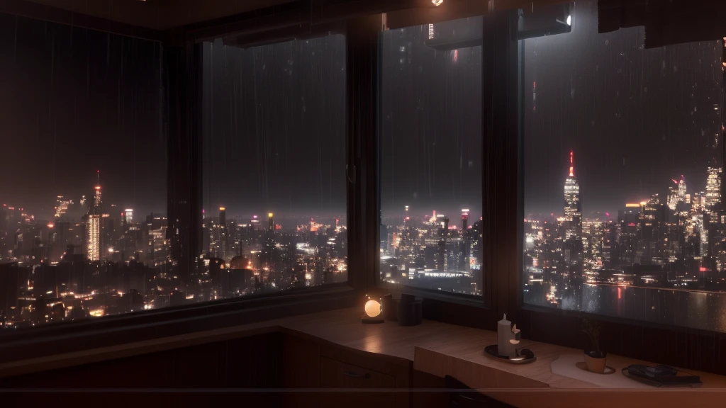 Night city view from the window, Unreal Engine ; Romantic Theme, Wet day. Game Rendering, 8k octane unreal rendering, 8k Sensual Lighting, Realistic 8K rendering, rendered in 8 k Unreal Engine, Rainy night, Rainy night, cinematic render Unreal Engine, Cinematic Lighting 8K, Detailed cinematic rendering, Photorealistic cinematic rendering