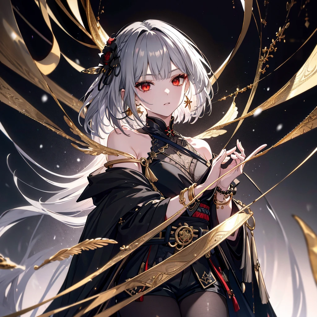 8k,High resolution RAW color art,Highest quality;1:2. Anime Art,Silver Marble Skin, (((Very detailed and cool))), Detailed skin, Bokeh、texture,(Exquisitely crafted, The finer details, Ultra-detailed art), (((1 girl))), Depth of written boundary, Silky Touch, Hyper Detail, (((Cool face))), eye shadow、Armed women, Beautiful detailed red eyes, Beautiful lip detail, Highly detailed face, Delicate depiction of hair and eyes, Detailed Fashion, Golden Earrings,Full body depiction, Black half top、Shoulder Bare、Black shorts、Waist Cloak、black tights、Golden decoration, Grey Hair, Golden bracelet, Straight Hair、Short Hair、(((Hair)))、Calm background、(((Black theme)))、snow、Side view、Crouch、look up