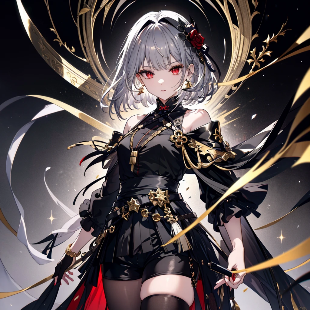 8k,High resolution RAW color art,Highest quality;1:2. Anime Art,Silver Marble Skin, (((Very detailed and cool))), Detailed skin, Bokeh、texture,(Exquisitely crafted, The finer details, Ultra-detailed art), (((1 girl))), Depth of written boundary, Silky Touch, Hyper Detail, (((Cool face))), eye shadow、Armed women, Beautiful detailed red eyes, Beautiful lip detail, Highly detailed face, Delicate depiction of hair and eyes, Detailed Fashion, Golden Earrings,Full body depiction, Black half top、Shoulder Bare、Black shorts、Waist Cloak、black tights、Golden decoration, Grey Hair, Golden bracelet, Straight Hair、Short Hair、(((Hair)))、Calm background、(((Black theme)))、snow、Side view、Crouch、look up