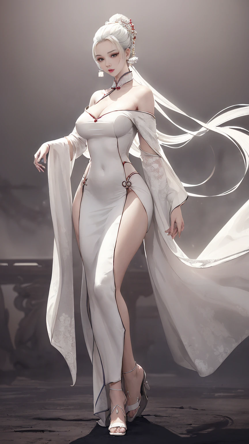 The white-haired beauty holds the ring，Elegant anime style，Red eyes flash，Sassy，Light chest。