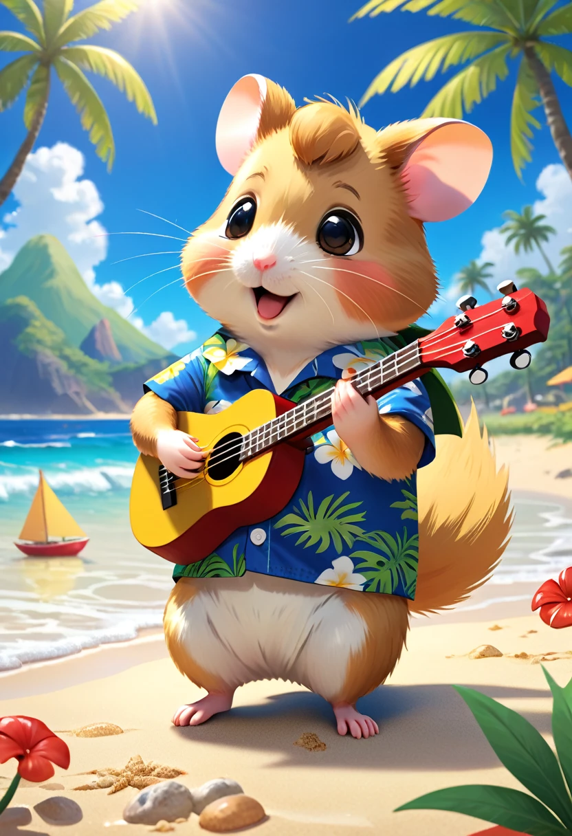 Esbian all over body、Cool hamster、Pop hamster、Diorama、Simple Background、Aloha Shirt、Playing a small ukulele、tropical、Beach Background、Cape、Best Quality, Capture the cutest moments, Depth of written boundary, Super detailed, Ultra-high resolution, Octadale, 8k, 16km race