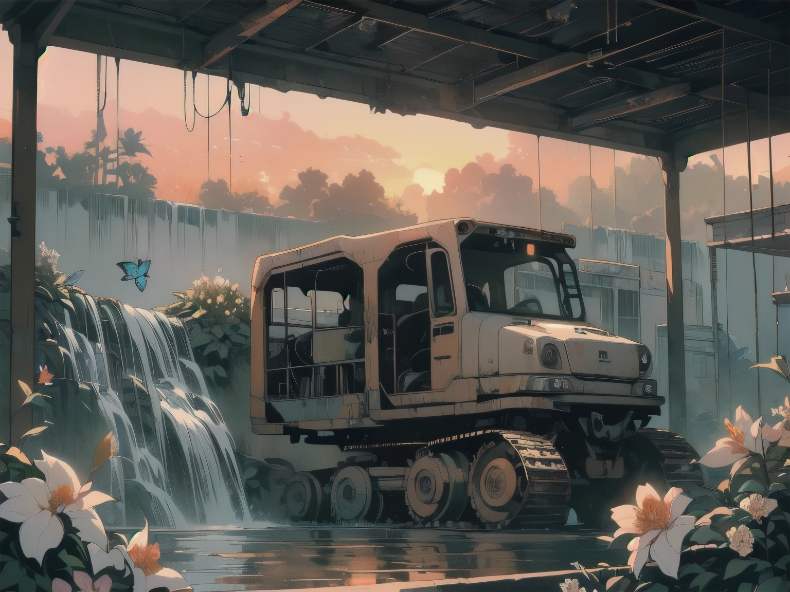 Detailed Machinery、Abandoned Factory、Atrium、(((White Flower Field)))、(((Rusty heavy equipment)))、Gorgeous light leaks、(((Sunset)))、fog、Detailed Background、Highest quality、(((No humans)))、Broken heavy machinery、Complex heavy machinery、Faint lighting、(((Fluttering white petals)))、sunset、(((Dull colors)))、(((Rusty detailed heavy machinery)))、(((Many white flowers fly)))、(((Heavy machinery covered in flowers)))、(((Lots of butterflies)))、(((Abandoned Garage)))、(((Submersion)))、(((waterfall from the ceiling)))、(((Heavy machinery falls over a waterfall))))、(((Red sunset)))、(((Emotional)))