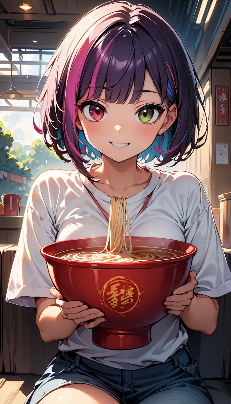 (highest quality:1.2, Very detailed, up to date, Vibrant, Ultra-high resolution, High Contrast, masterpiece:1.2, highest quality, Best aesthetics), Portraiture、girl、solo, (25-years-old:1.5), slim, , ((eat red hot noodle soup:1.5)), (holding chopsticks:1), (sit in chinese restaurant), heterrochromia, green eye, red eye, Bright colors、Beautiful fine details、Beautiful lip detail、extra short hair, ((bob cut:1.5))、pink and purple ((streaked hair:1.9)), (highlights hair: 1.6), (small breast:1), (tan skin:0.7), red t-shirts, jeans, smile,((cowboy shot:1))