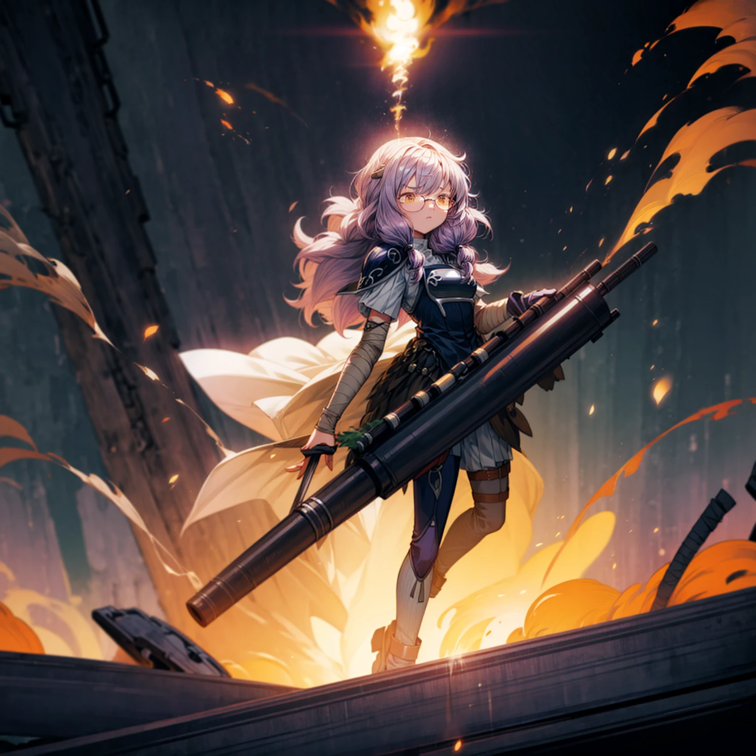 1girl, 1character, gold eyes, long Curly haircut, lavender color hair, army style clothing, white glasses, Long socks, boots army,  full iron armor, bandage on hand, Grassroots, background in fire city street, motion blur, (dragon ball style art), Big robot gun in hand, smoke effect, aura effect, Fire, lighting fire, plasma effect, fire city, (high angle view, full body view version, angry eyes)