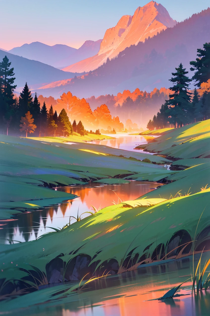 a beautiful sunrise landscape, a serene lake, lush green forest, majestic mountains, dramatic sky with warm orange and pink hues, detailed foliage, crystal clear water reflection, photorealistic, highly detailed, cinematic lighting, (best quality,8k,photorealistic,masterpiece:1.2),ultra-detailed,stunning,dramatic,breathtaking,sweeping vista,cinematic composition,vivid colors,glowing light