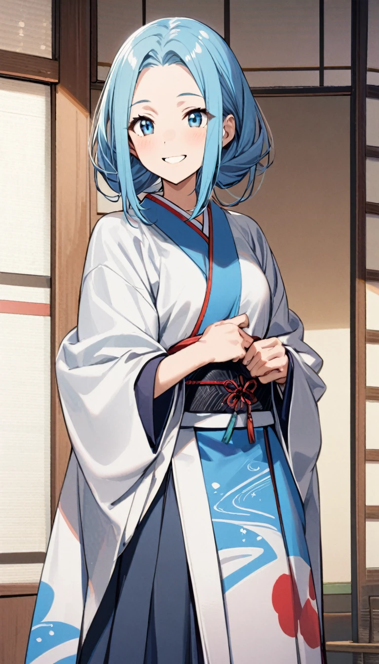 1girl,long face,short sky blue hair, traditional Japanese dress,joyful smile,perfect body,standing,closer,
