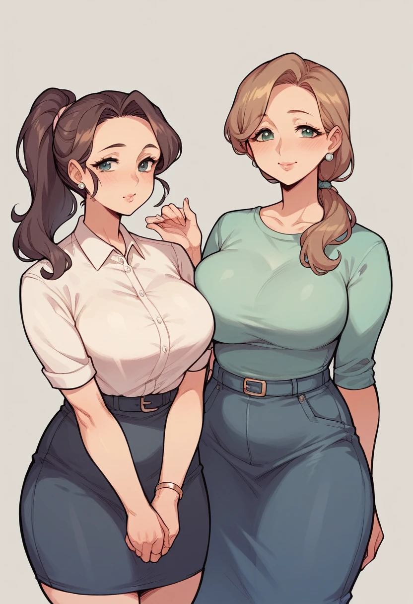 first person: (Lovely face,adult,Coquettish,mature,simple outfit,elegance:1,ponytail hair ,skirt, shirt), second person : Young women